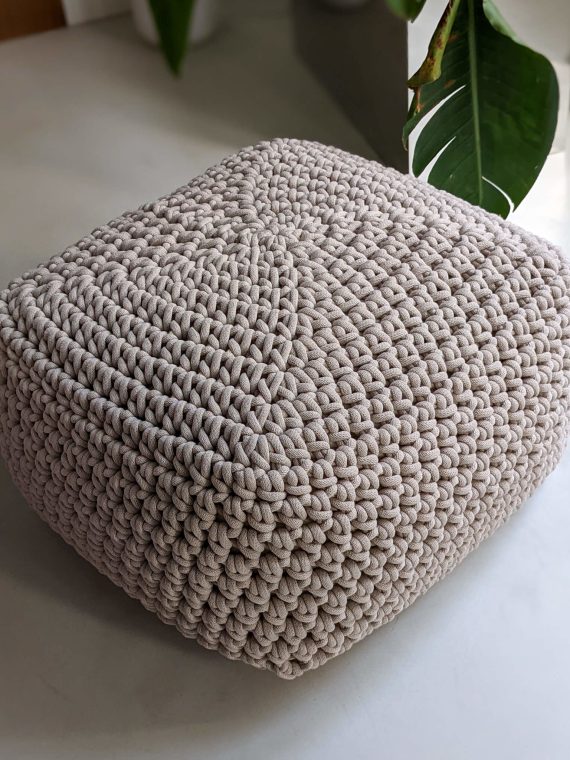 Cube light beige crochet pouffe