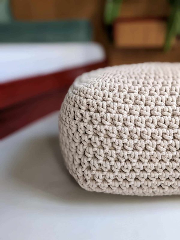 Cube light beige crochet pouf