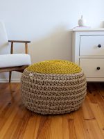 Round beige-mustard crochet pouffe