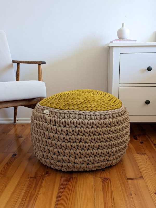 Round beige-mustard crochet pouf