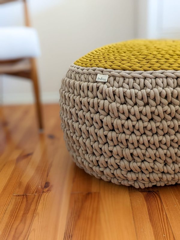 Round beige-mustard crochet pouf