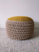 Round beige-mustard crochet pouffe