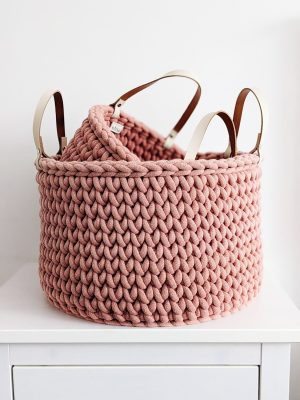 Blush crocheted storage basket with handles