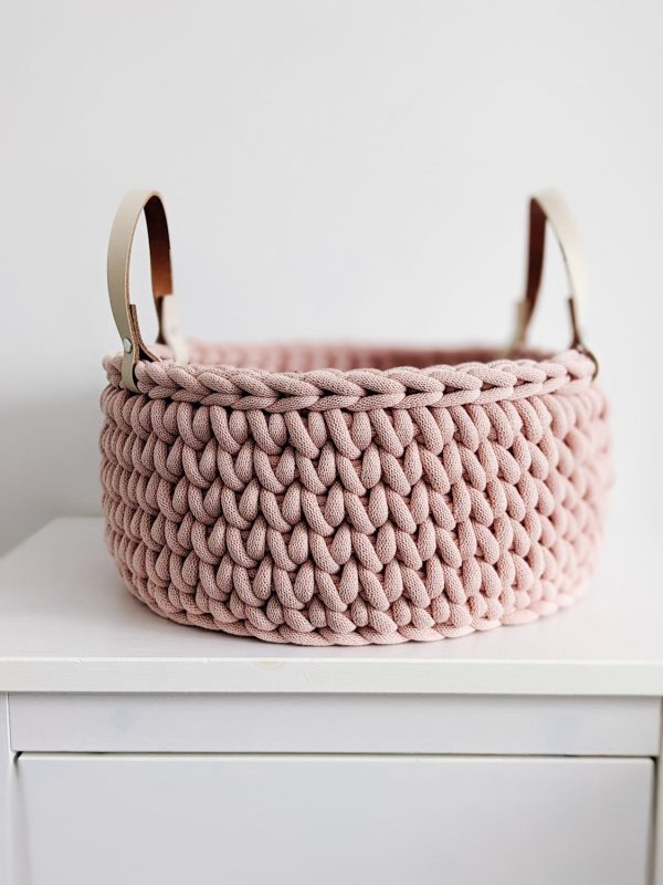 Pink crochet storage basket with handles