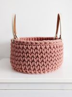 Blush crocheted storage basket with handles