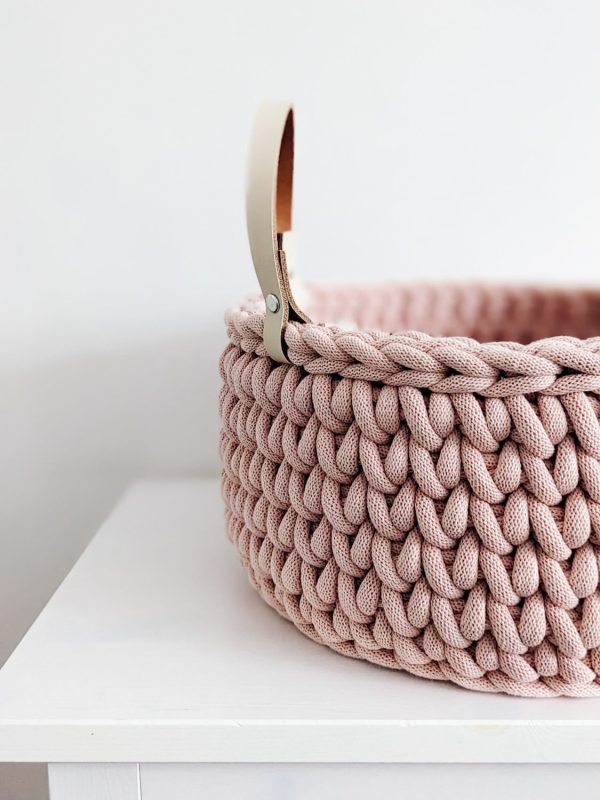 Pink crochet storage basket with handles