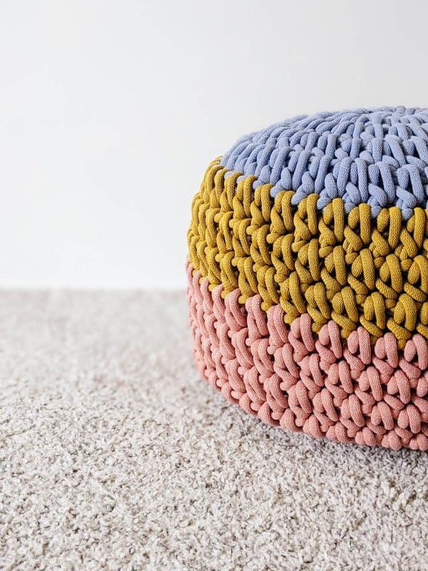 Purple mustard pink crochet pouf