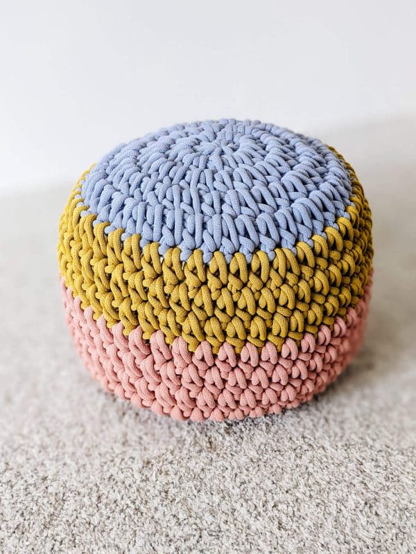 Purple mustard pink crochet pouf